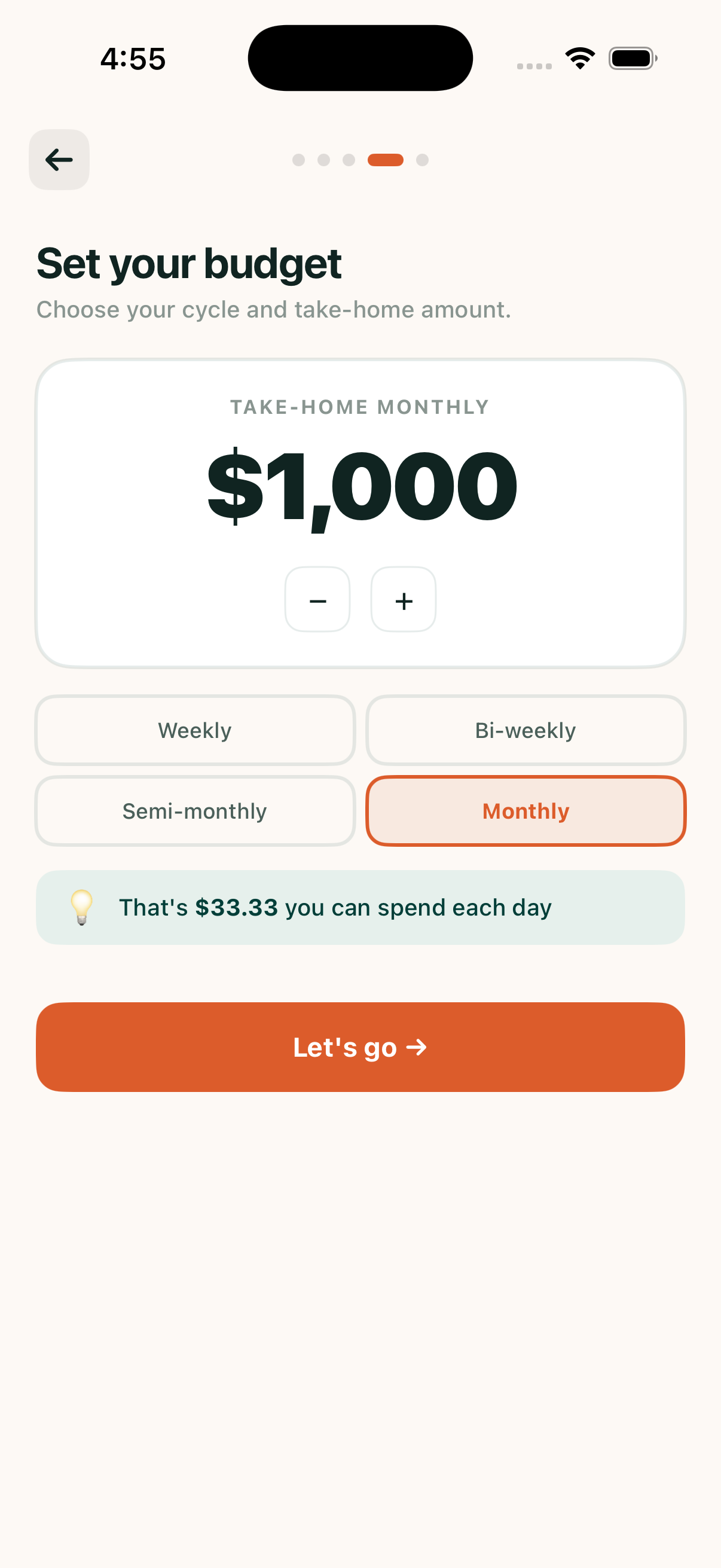 Set your budget screen